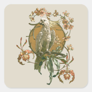 Vintage Art Nouveau, Cockatoo Bird, Orchid Flowers Square Sticker