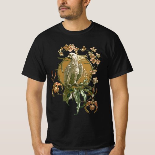 Vintage Art Nouveau Cockatoo Bird Orchid Flowers T_Shirt