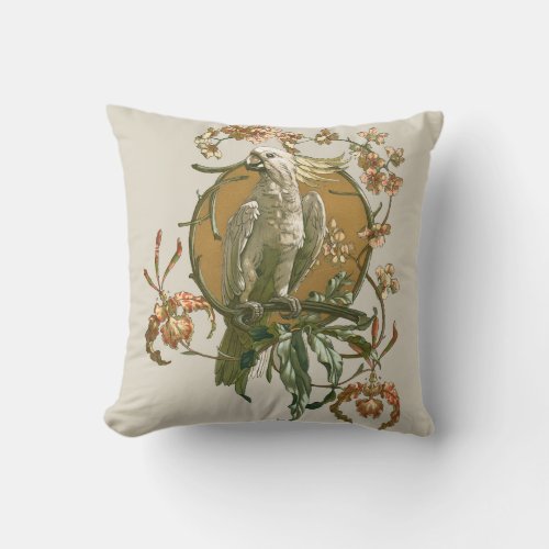 Vintage Art Nouveau Cockatoo Bird Orchid Flowers Throw Pillow