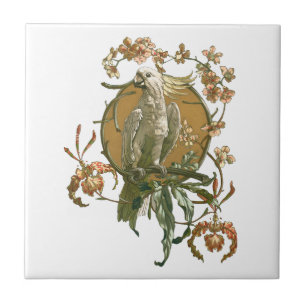 Vintage Art Nouveau, Cockatoo Bird, Orchid Flowers Tile