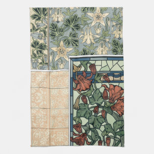 Vintage Art Nouveau, Columbine Aquilegia Flowers Kitchen Towel