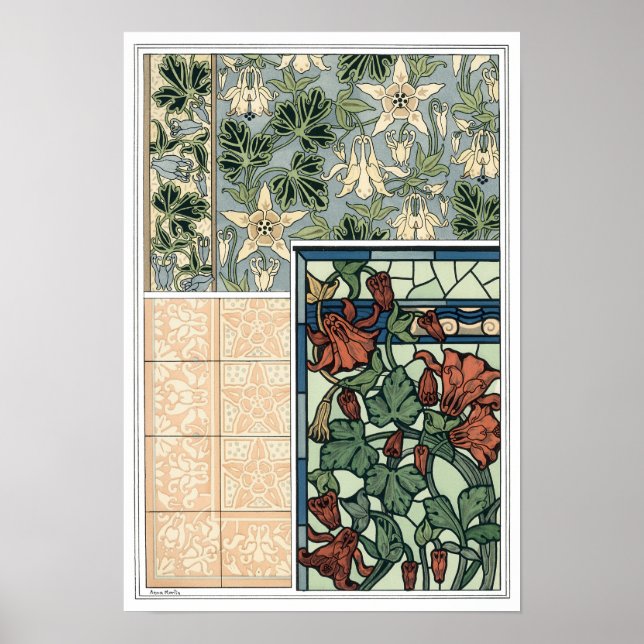 Vintage Art Nouveau, Columbine Aquilegia Flowers Poster (Front)