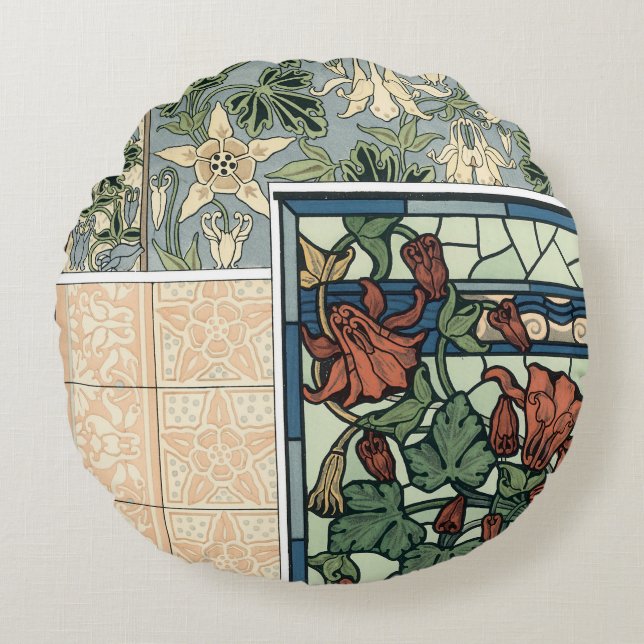 Vintage Art Nouveau, Columbine Aquilegia Flowers Round Pillow (Front)
