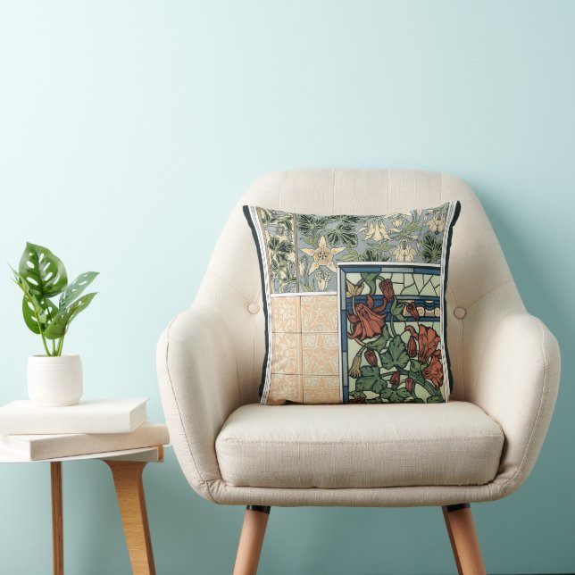 Vintage Art Nouveau, Columbine Aquilegia Flowers Throw Pillow (Chair)