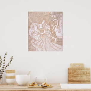Vintage Art Nouveau Cream Floral Woman & Swans Poster