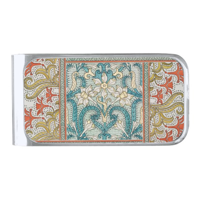 Vintage Art Nouveau Daffodil Pattern Verneuil Silver Finish Money Clip (Front)