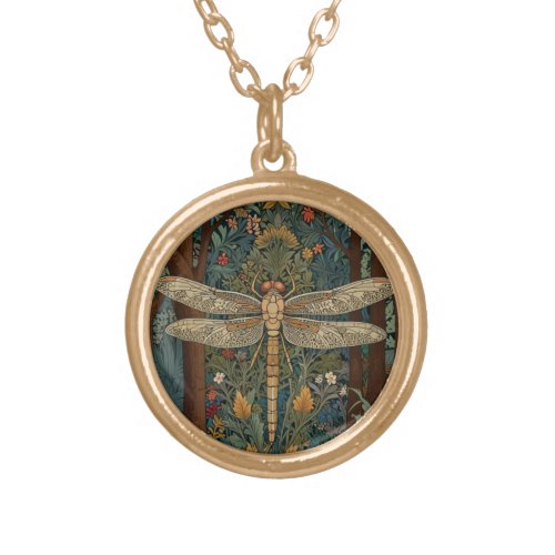 Vintage art nouveau deco dragonfly boho chic gold plated necklace