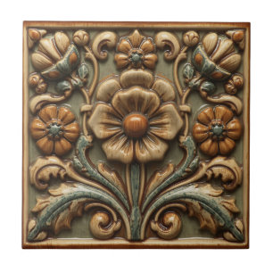 Vintage Art Nouveau Deco Majolica Floral Craftsman Ceramic Tile