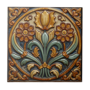 Vintage Art Nouveau Deco Majolica Floral Craftsman Ceramic Tile