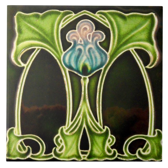 Vintage Art Nouveau Deco Majolica Floral Craftsman Ceramic Tile (Front)
