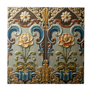 Vintage Art Nouveau Deco Majolica Floral Craftsman Ceramic Tile