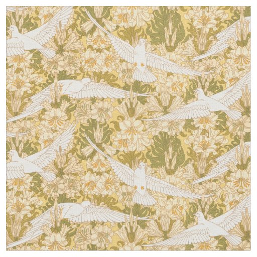 Vintage Art Nouveau Doves and Lilies Pattern Fabric