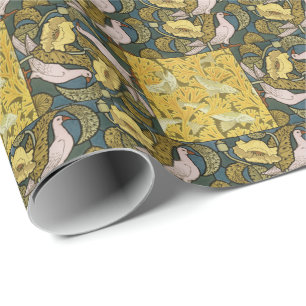 Vintage Art Nouveau Fish Pigeon Pattern Verneuil Wrapping Paper