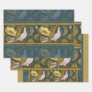 Vintage Art Nouveau Fish Pigeon Pattern Verneuil Wrapping Paper Sheets