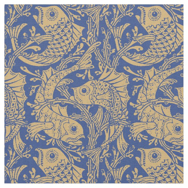 Vintage Art Nouveau Fish & Seaweed Pattern Fabric (Close Up)