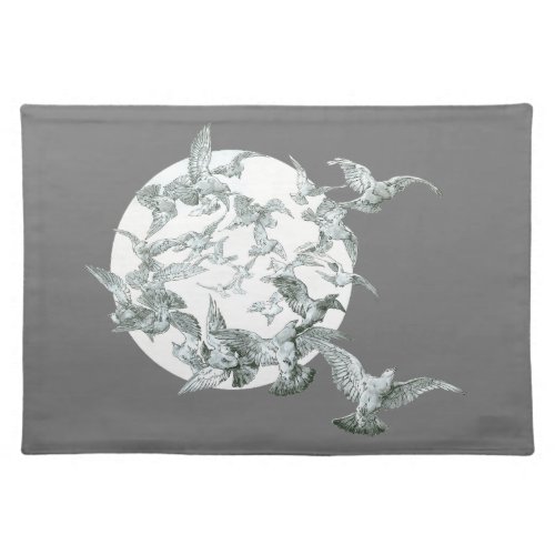 Vintage Art Nouveau Flock of Birds with Full Moon Cloth Placemat