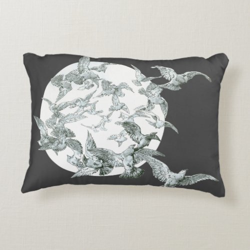 Vintage Art Nouveau Flock of Birds with Full Moon Decorative Pillow
