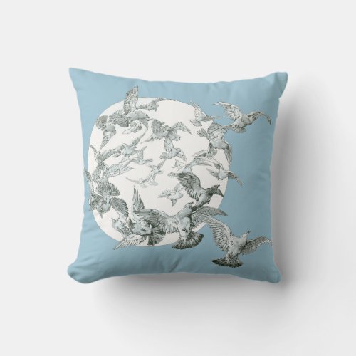 Vintage Art Nouveau Flock of Birds with Full Moon Throw Pillow