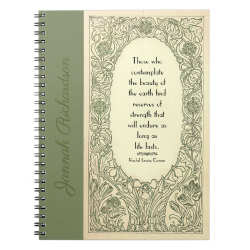 Vintage Art Nouveau Floral Border Quote Name Green Notebook