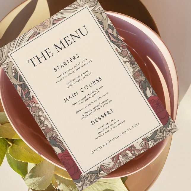 Vintage Art Nouveau Floral Burgundy Wedding Menu (Creator Uploaded)