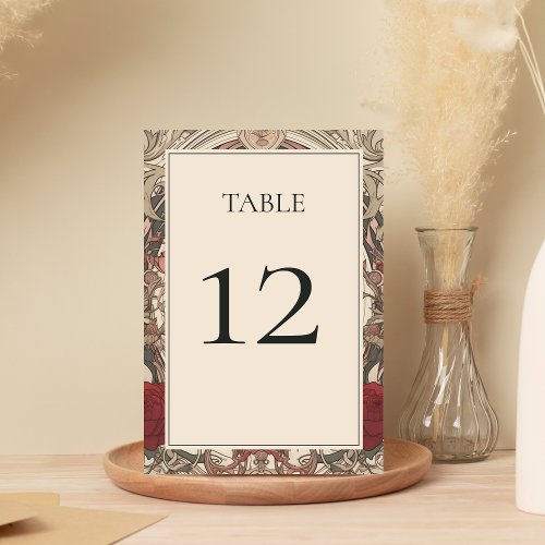 Vintage Art Nouveau Floral Burgundy Wedding Table Number