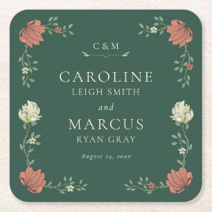 Vintage Art Nouveau Floral Wedding Square Paper Coaster