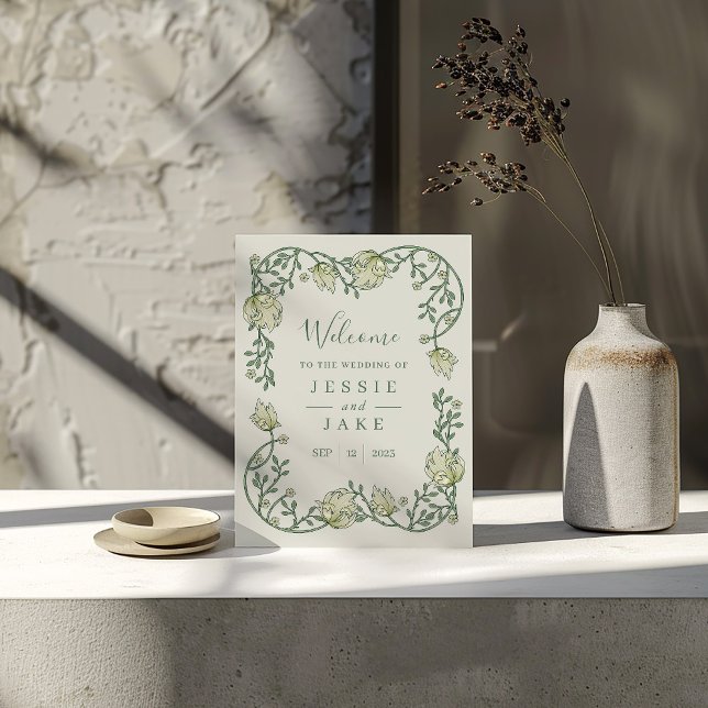 Vintage art nouveau floral wedding welcome sign (Elegant Art Nouveau-inspired floral wedding welcome sign set against a light background.)