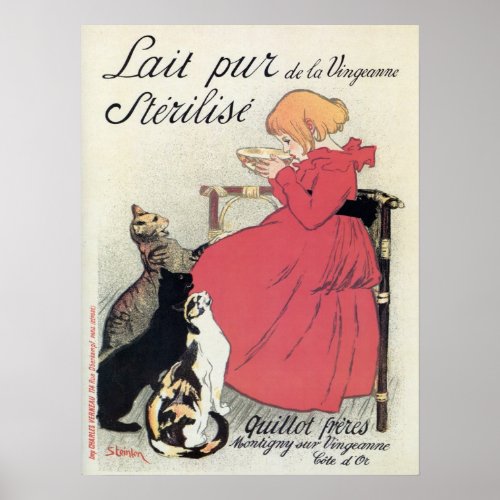 Vintage Art nouveau French milk ad cats girl Poster