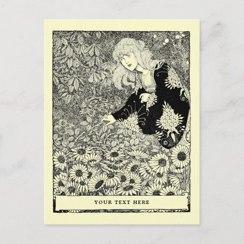 Vintage Art Nouveau Girl Among Flower Field Postcard