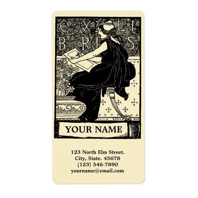 Vintage Art Nouveau Girl Writing Ex Libris Label (Front)