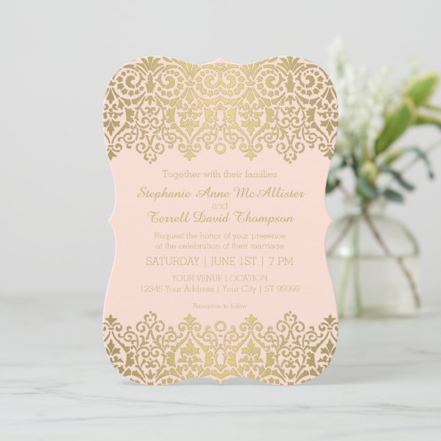 Vintage Art Nouveau Gold Lace Elegant Wedding Invitation (Standing Front)