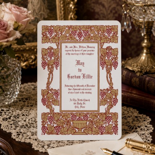 Vintage Art Nouveau Grapevine Red Grapes Wedding Invitation