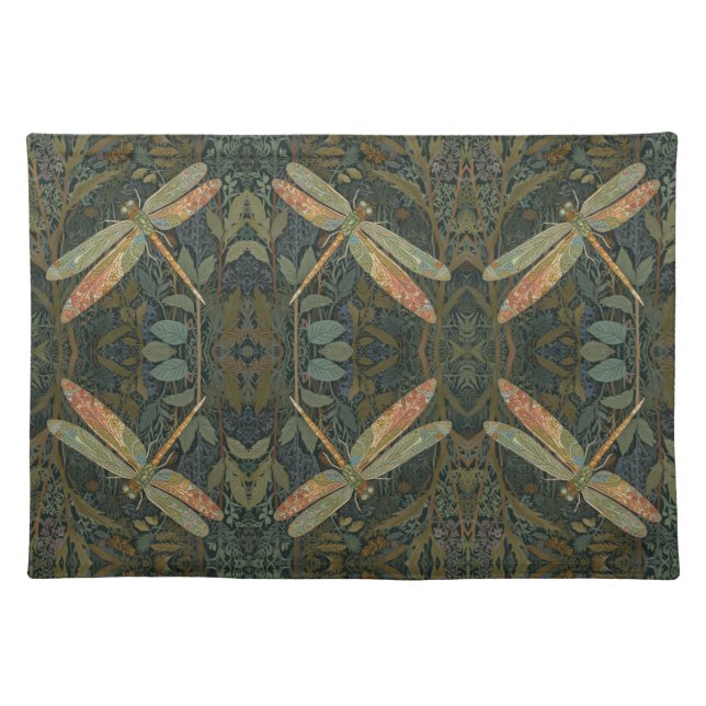 Vintage art nouveau green gold Dragonfly Cloth Placemat (Front)