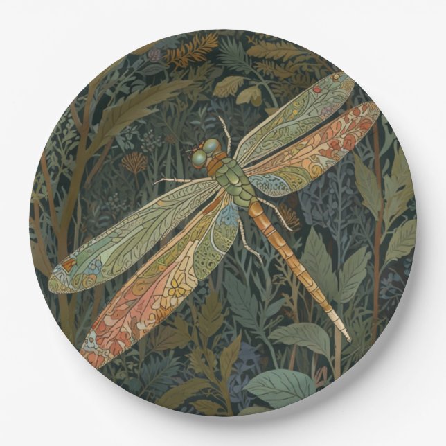 Vintage art nouveau green gold Dragonfly Paper Plates (Front)