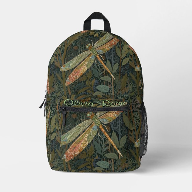 Vintage art nouveau green gold Dragonfly Printed Backpack (Front)
