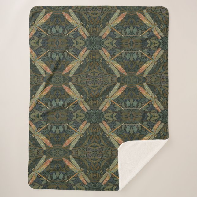 Vintage art nouveau green gold Dragonfly Sherpa Blanket (Front)