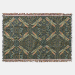 Vintage art nouveau green gold Dragonfly Throw Blanket