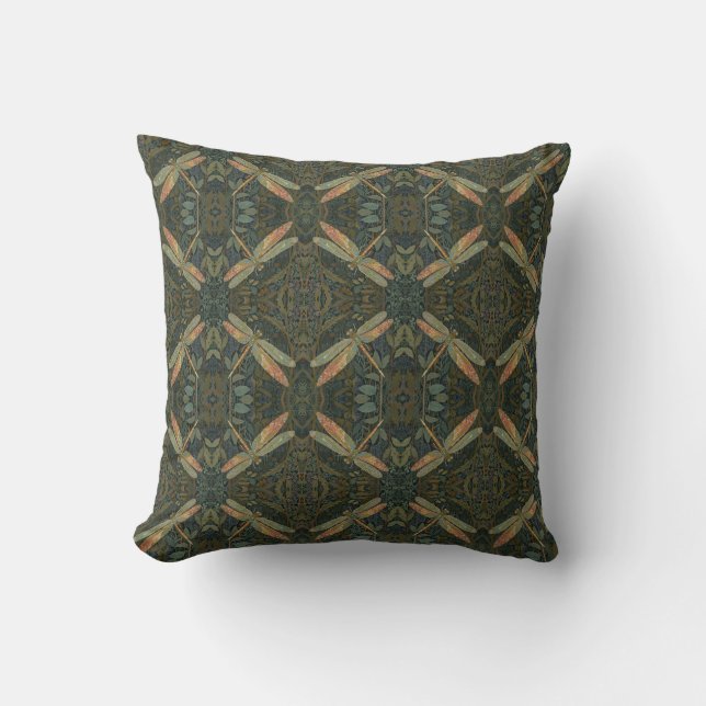 Vintage art nouveau green gold Dragonfly Throw Pillow (Front)