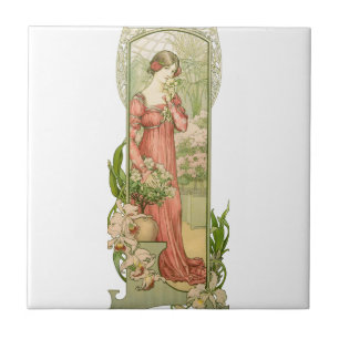 Vintage Art Nouveau Greenhouse Lady Elegant  Tile