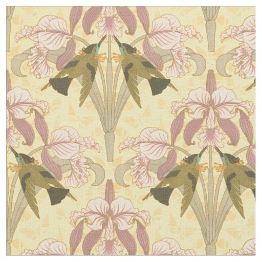 Vintage Art Nouveau Hummingbirds & Orchids Pattern Fabric | Zazzle