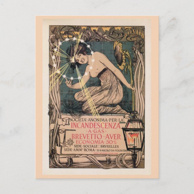 Vintage art nouveau Italian gas lighting ad Postcard (Front)