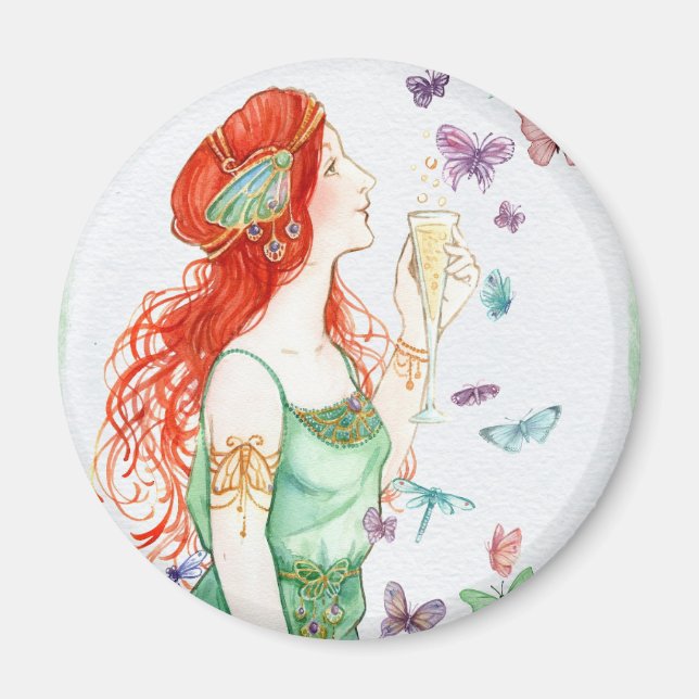 Vintage Art Nouveau Lady Champagne Party Time Magnet (Front)