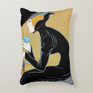 Vintage Art Nouveau, Lady Drinking Marco Polo Tea Accent Pillow