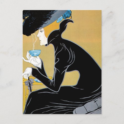 Vintage Art Nouveau Lady Drinking Marco Polo Tea Postcard