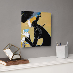 Vintage Art Nouveau, Lady Drinking Marco Polo Tea Square Wall Clock