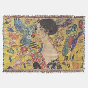 Vintage Art Nouveau Lady with Fan Painting Throw Blanket