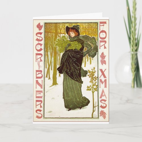 Vintage Art Nouveau Lady with Mistletoe Holiday Card