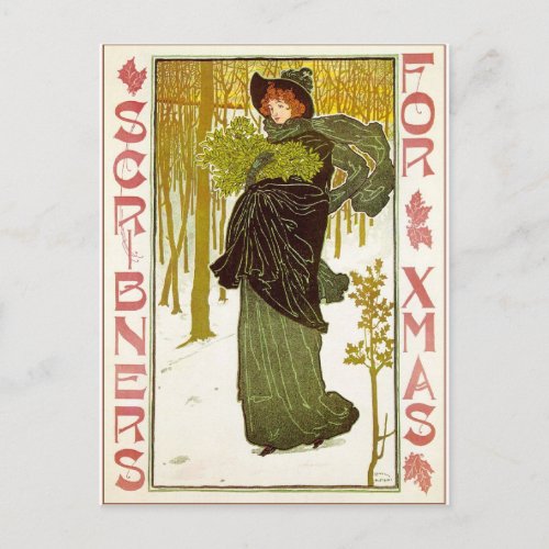 Vintage Art Nouveau Lady with Mistletoe Postcard