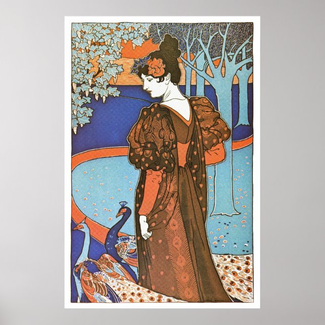 Vintage Art Nouveau Lady with Peacocks Poster (Front)
