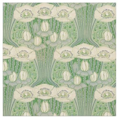 Vintage Art Nouveau Lotus and Poppies Pattern Fabric